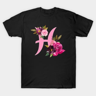 Pisces Horoscope Zodiac Pink Flower Design T-Shirt